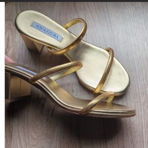 Aquazzura Laguna 50 Metallic Metal Gold Mule Sandal Block Heels